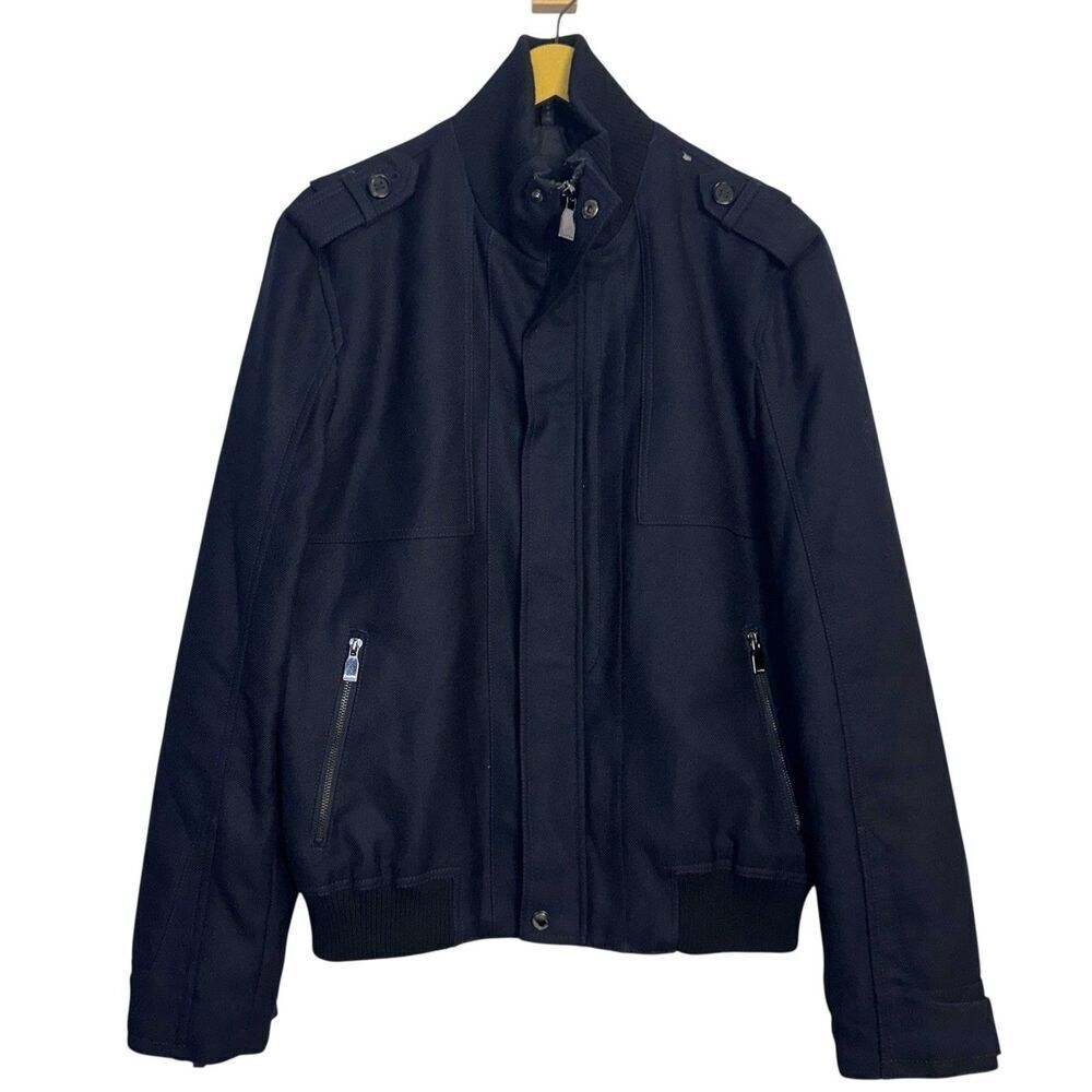 Zara Mens Bomber Jacket Size L Navy Blue Wool Blend Zip Aviator Outdoor Preppy
